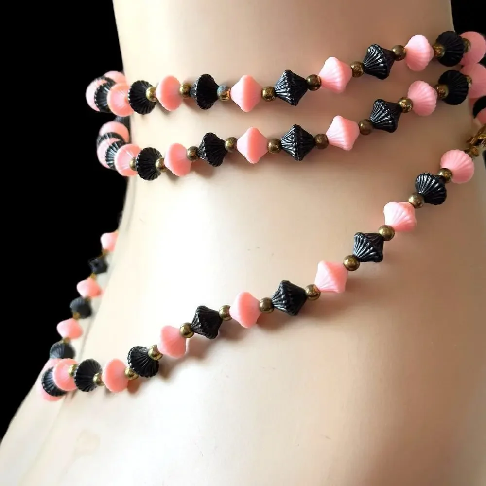 48” Vintage Art Deco Pink and Black Celluloid Trapezoid Necklace 1940’s Flapper